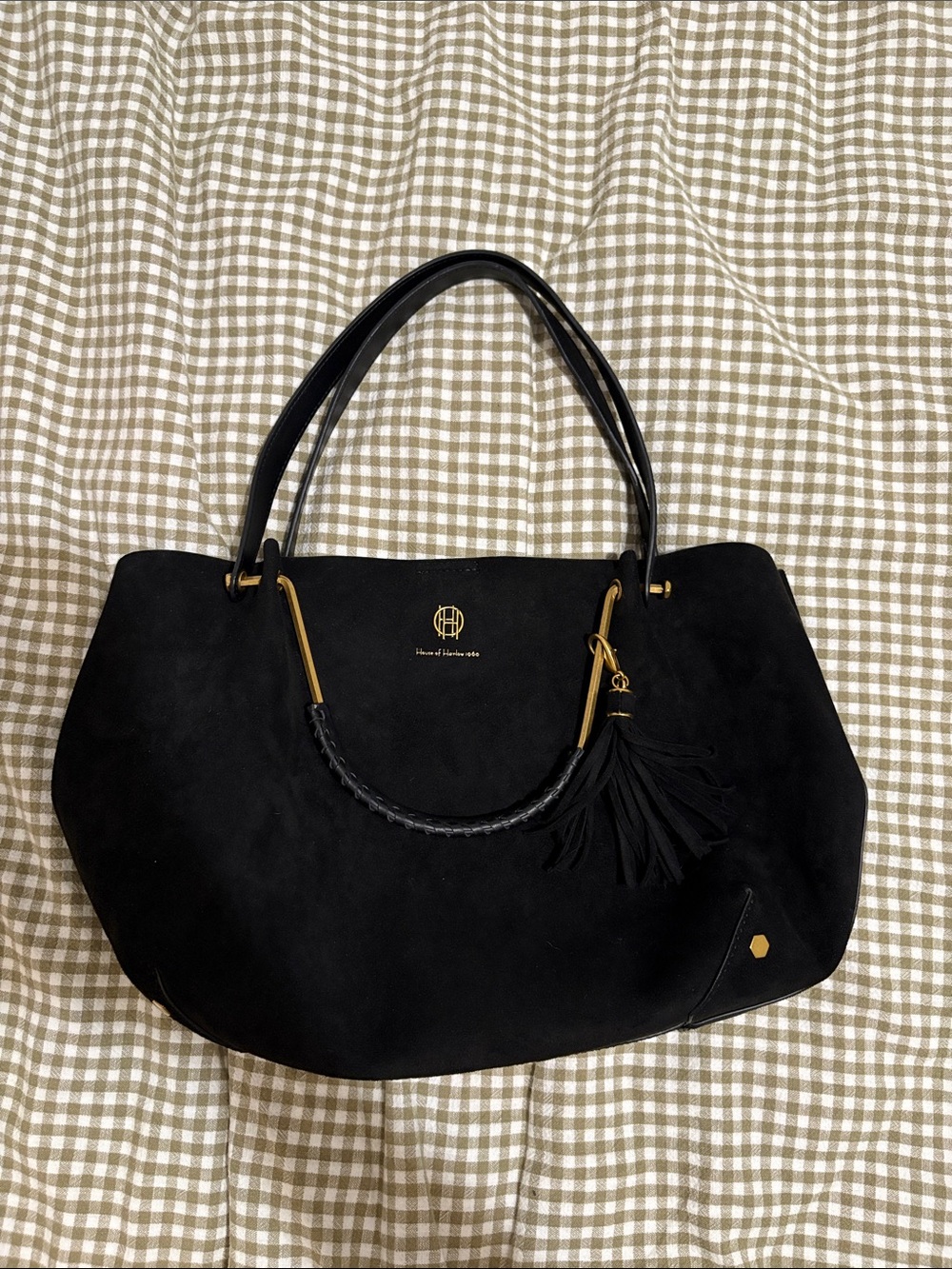 House of Harlow 1960 Black Suede Tote with Tassel and Gold Accents